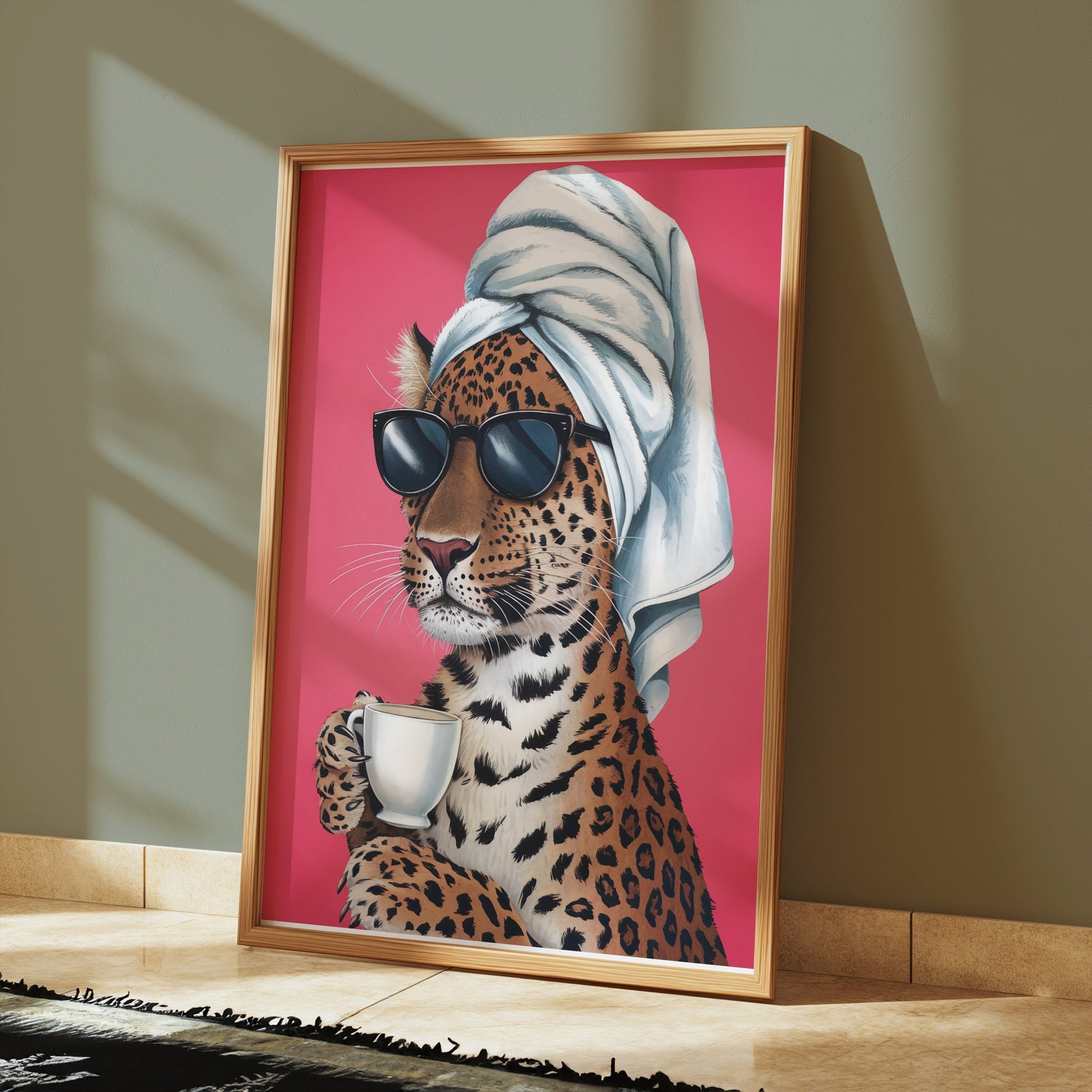 Premium Poster of Stylish Leopard in Sunglasses Drinking Coffee Posters