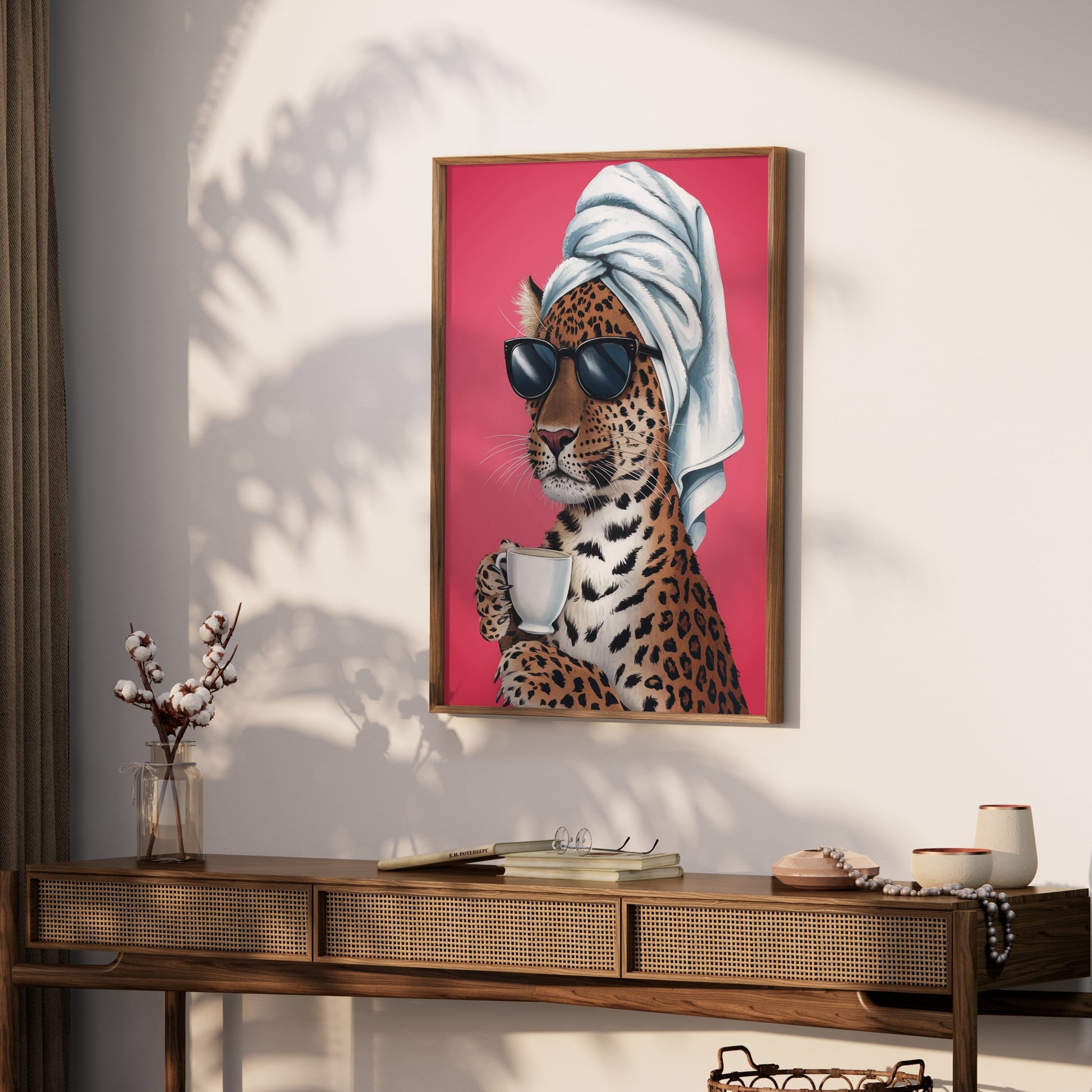 Premium Poster of Stylish Leopard in Sunglasses Drinking Coffee Posters