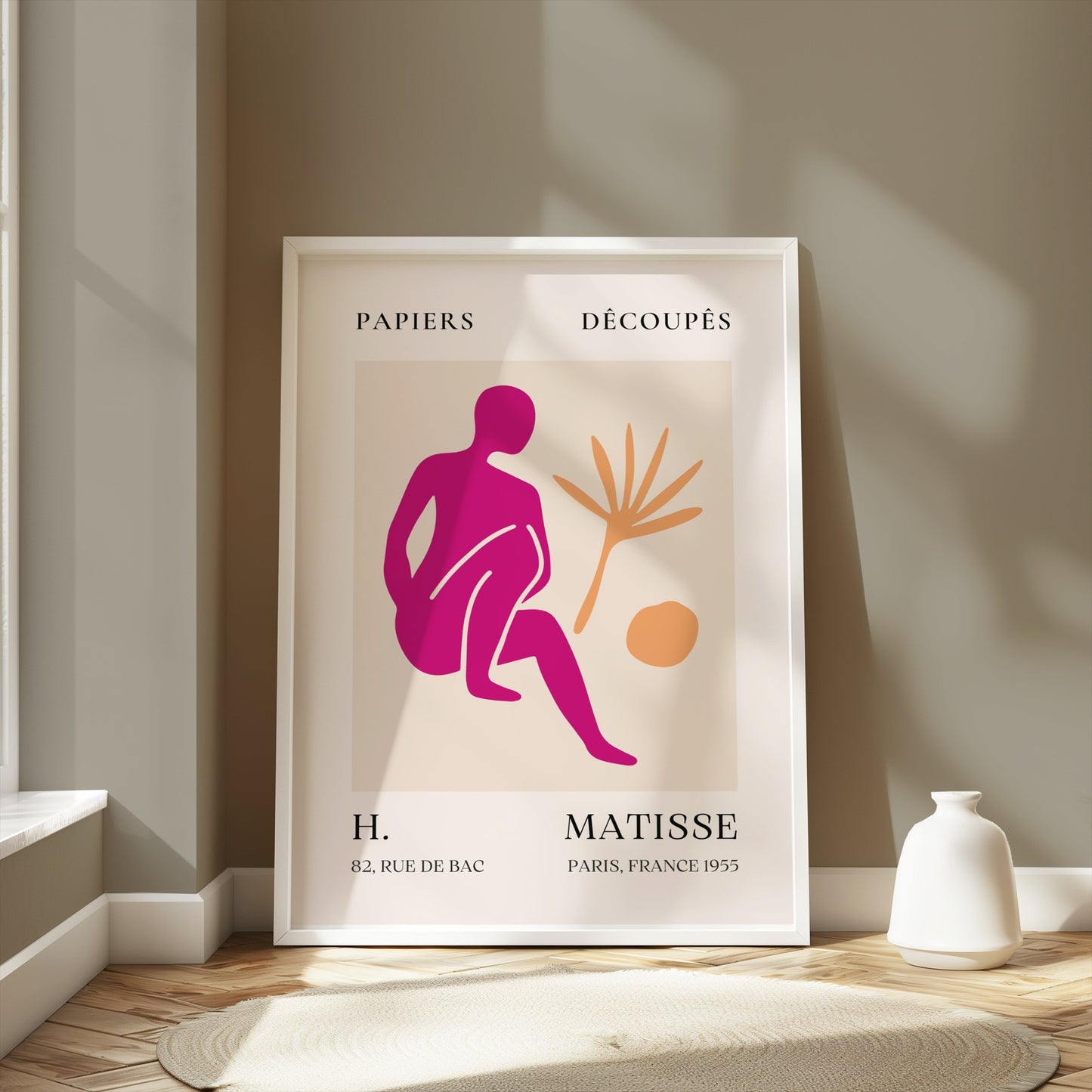 Henri Matisse inspired art print poster in a white frame, leaning against a gray wall with natural light, perfect for modern wall art.