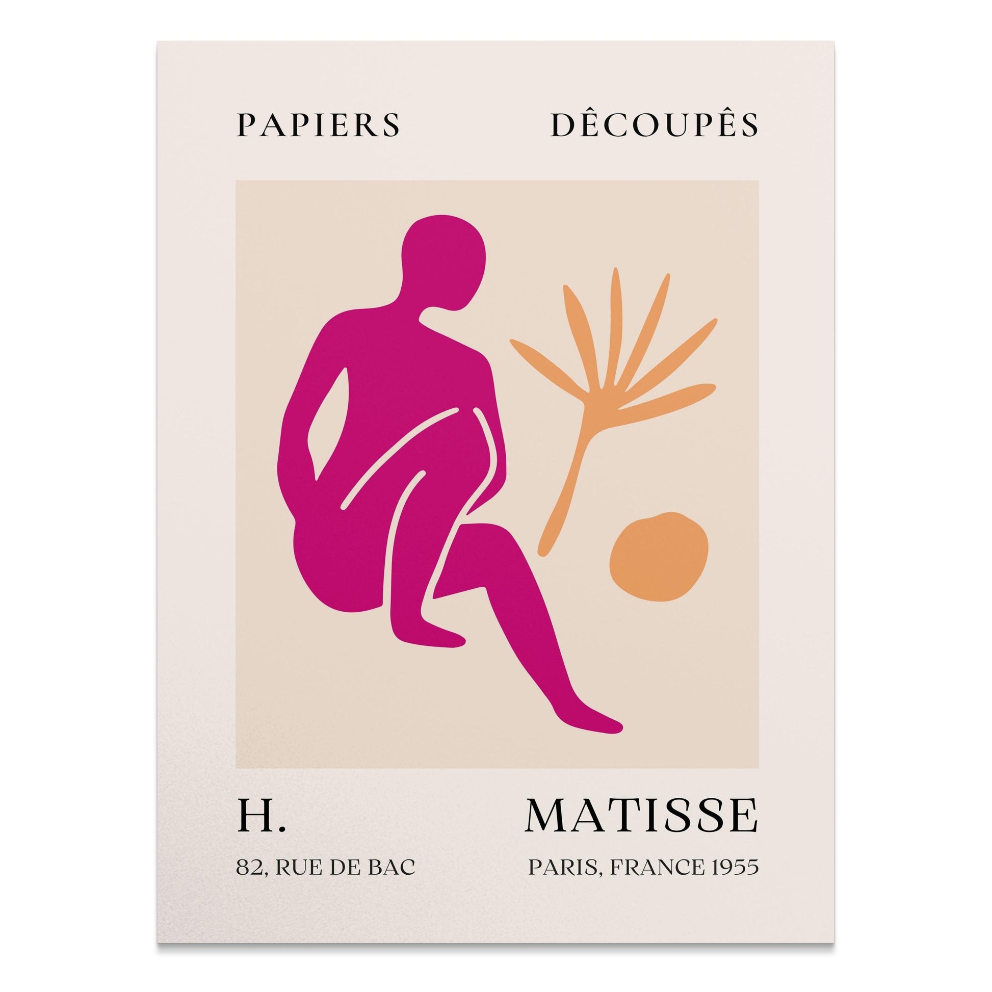 Henri Matisse inspired art print poster featuring a vibrant pink abstract figure with orange botanical elements on a beige background.