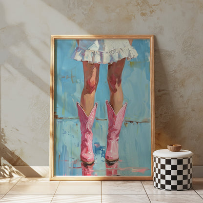 Premium Poster of Stylish Pink Cowgirl Boots with Ruffled Skirt Posters
