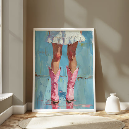 Premium Poster of Stylish Pink Cowgirl Boots with Ruffled Skirt Posters