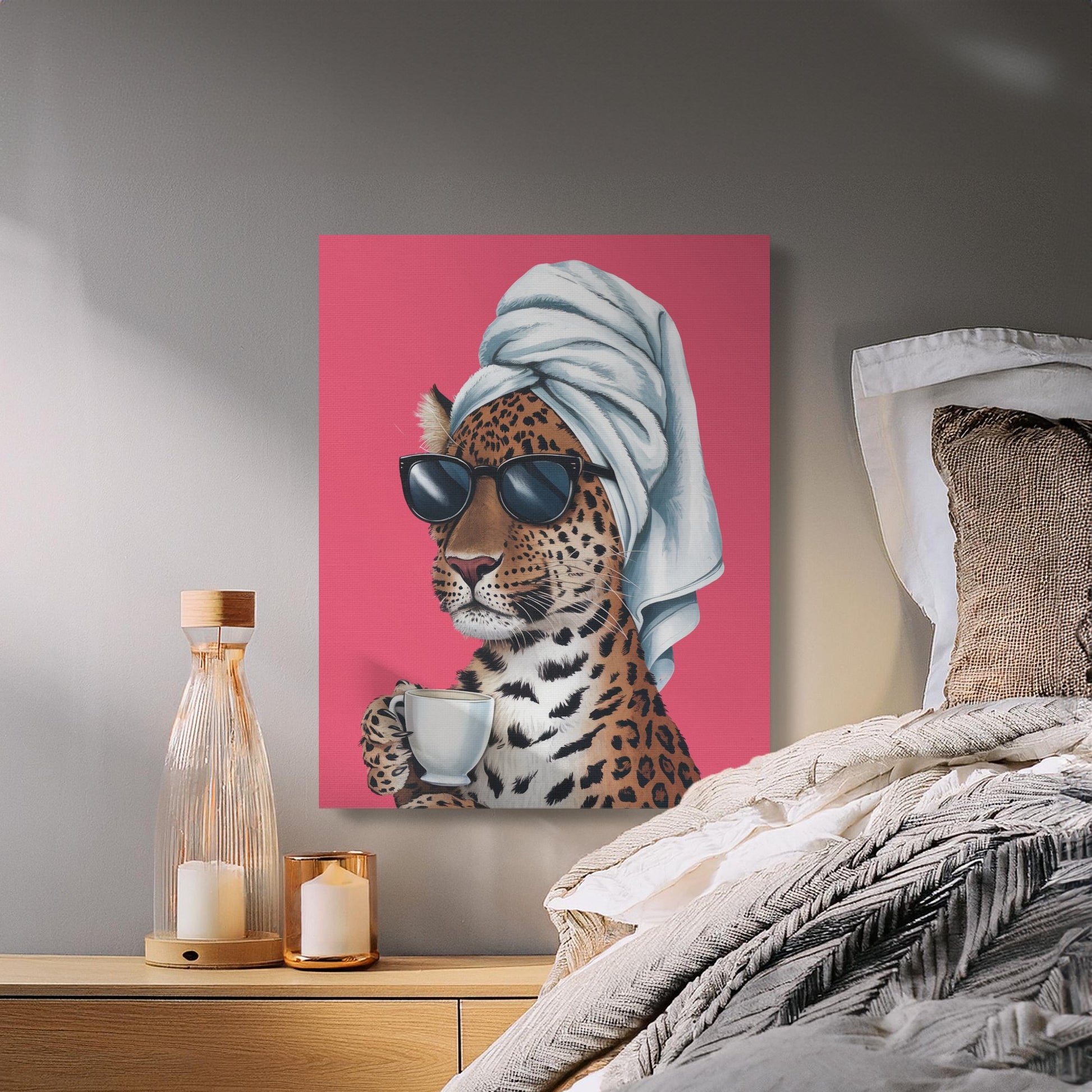 Premium Poster of Stylish Retro Leopard with Sunglasses Canvas Wraps