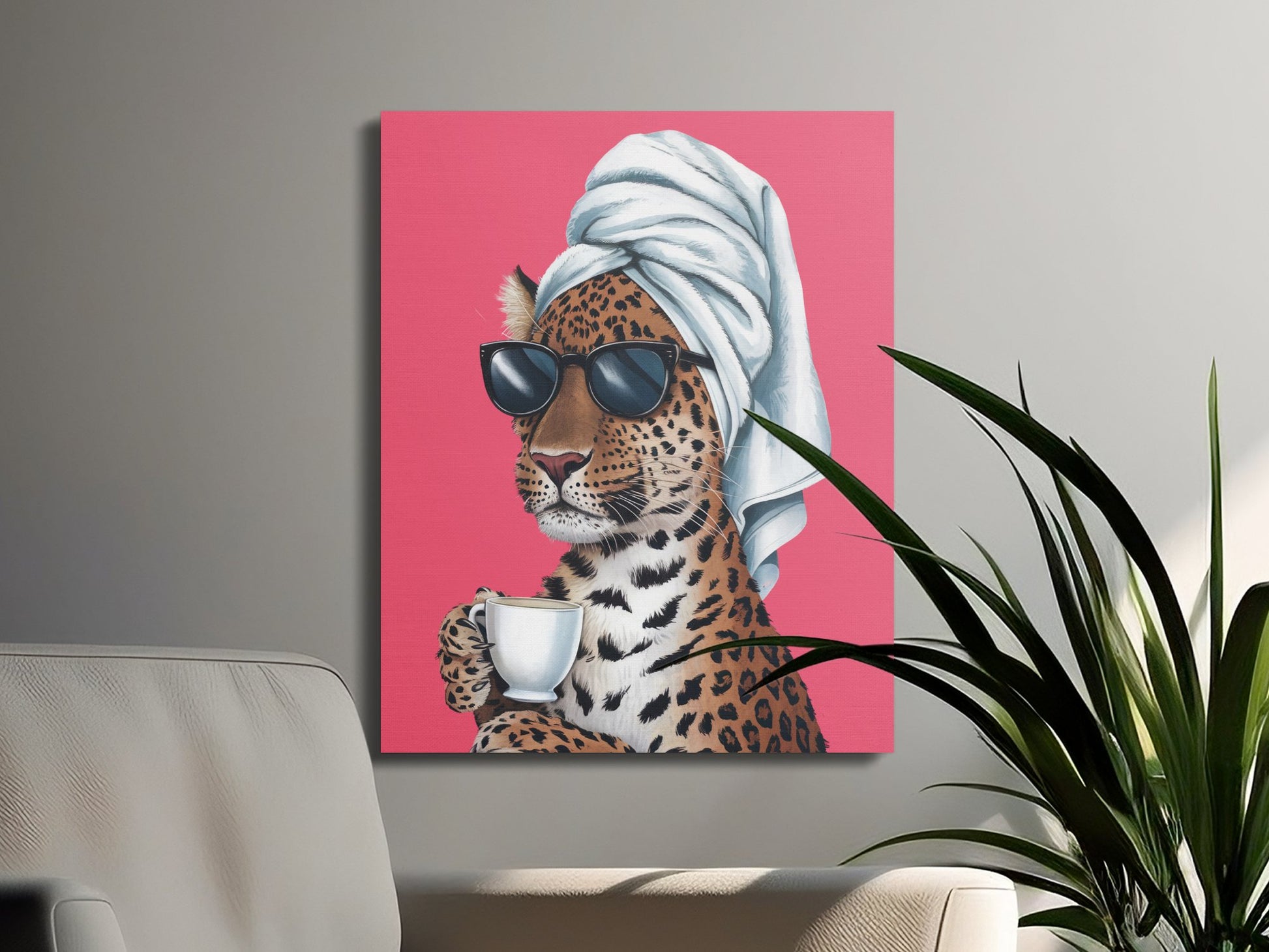 Premium Poster of Stylish Retro Leopard with Sunglasses Canvas Wraps