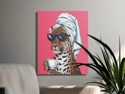 Premium Poster of Stylish Retro Leopard with Sunglasses Canvas Wraps
