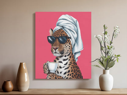 Premium Poster of Stylish Retro Leopard with Sunglasses Canvas Wraps