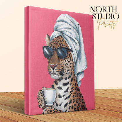 Premium Poster of Stylish Retro Leopard with Sunglasses Canvas Wraps