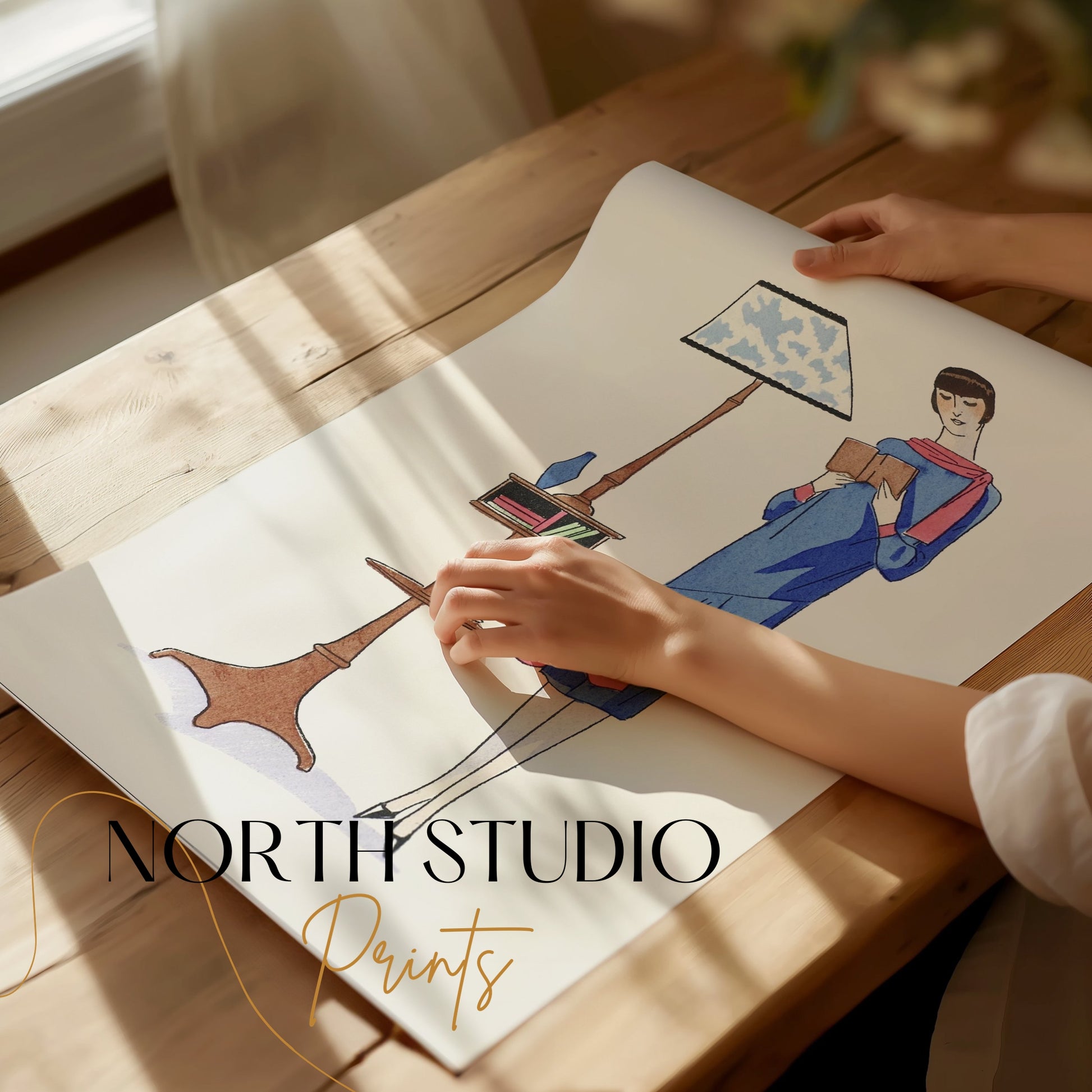 Premium Poster of Stylish Retro Woman Reading Next to a Lamp Posters