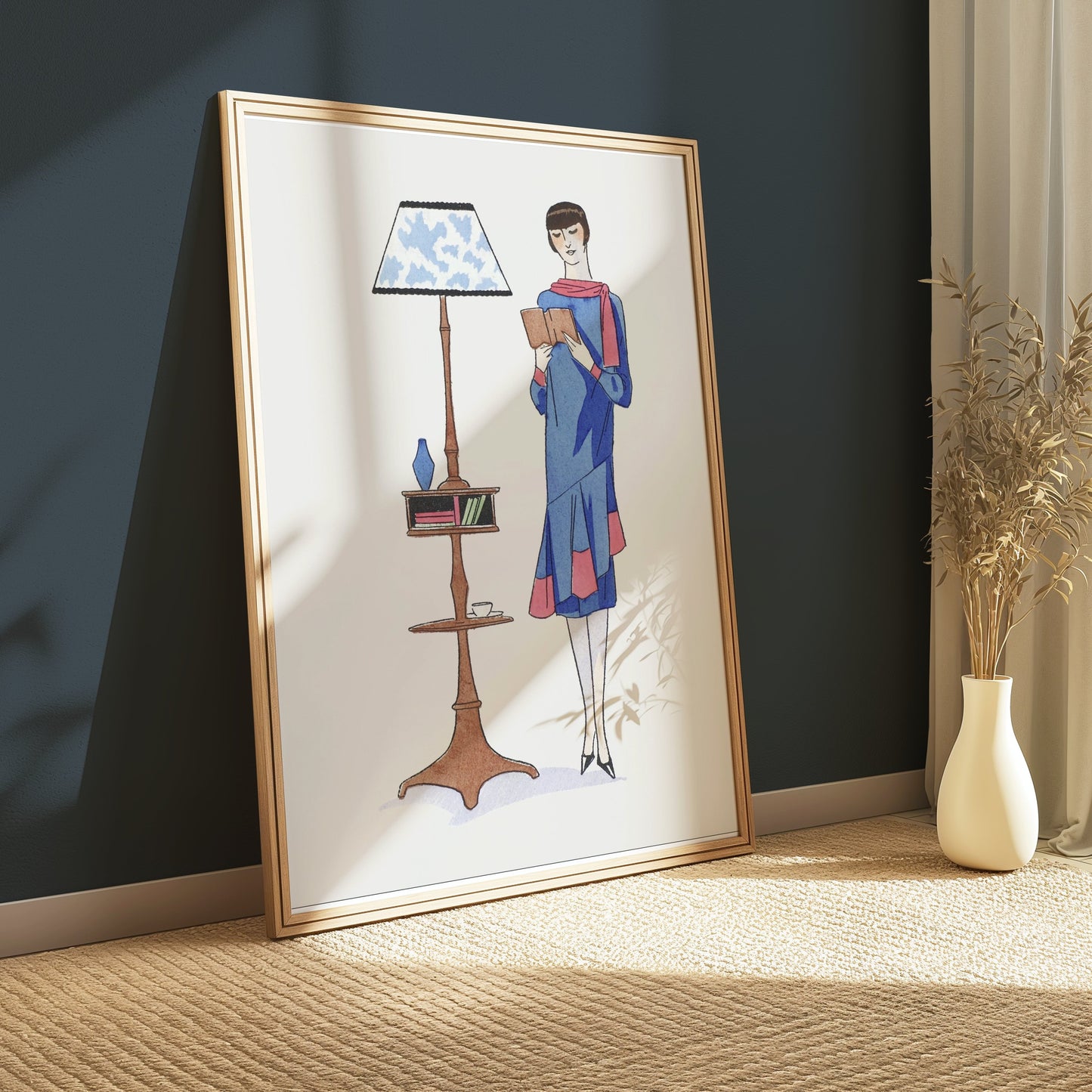 Premium Poster of Stylish Retro Woman Reading Next to a Lamp Posters