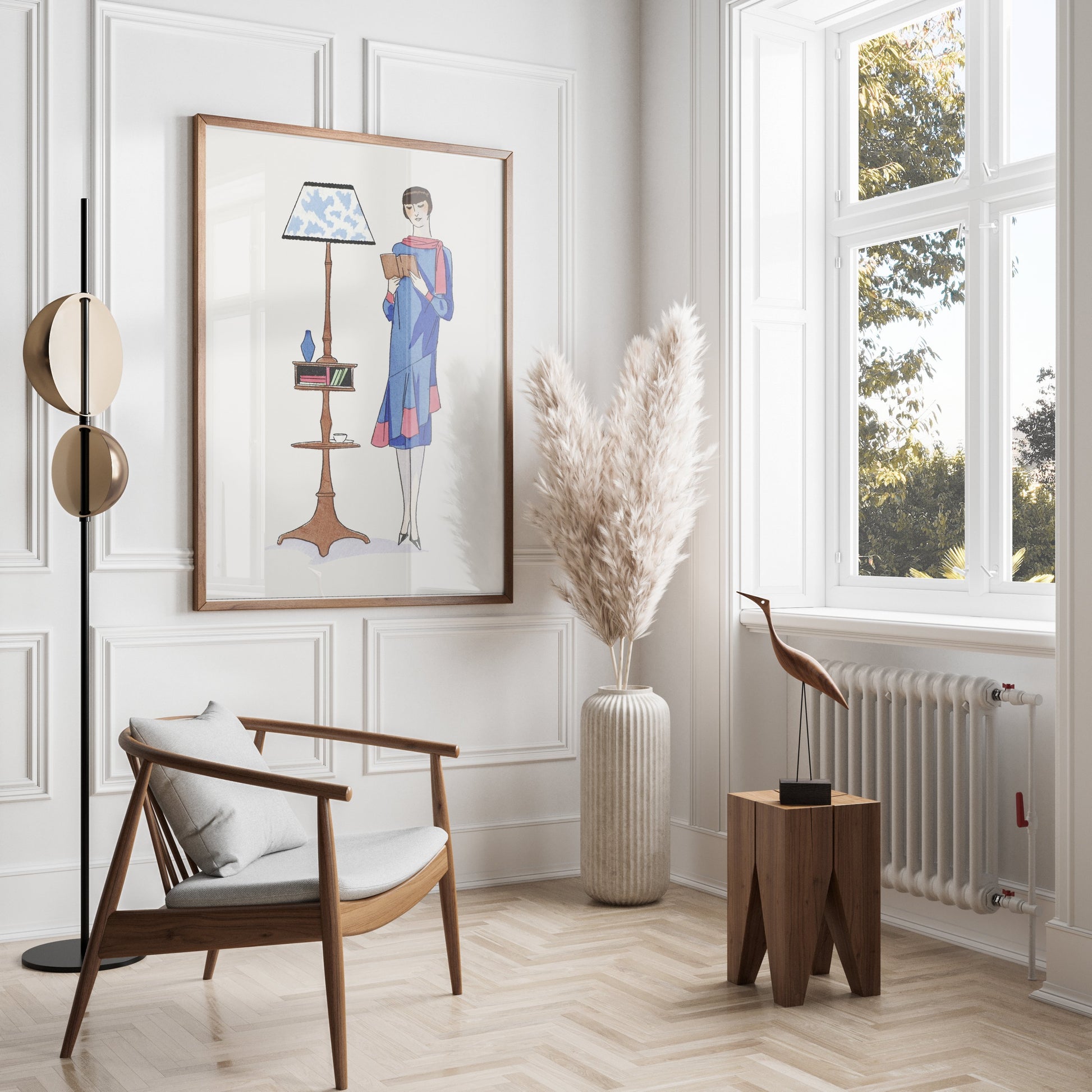 Premium Poster of Stylish Retro Woman Reading Next to a Lamp Posters