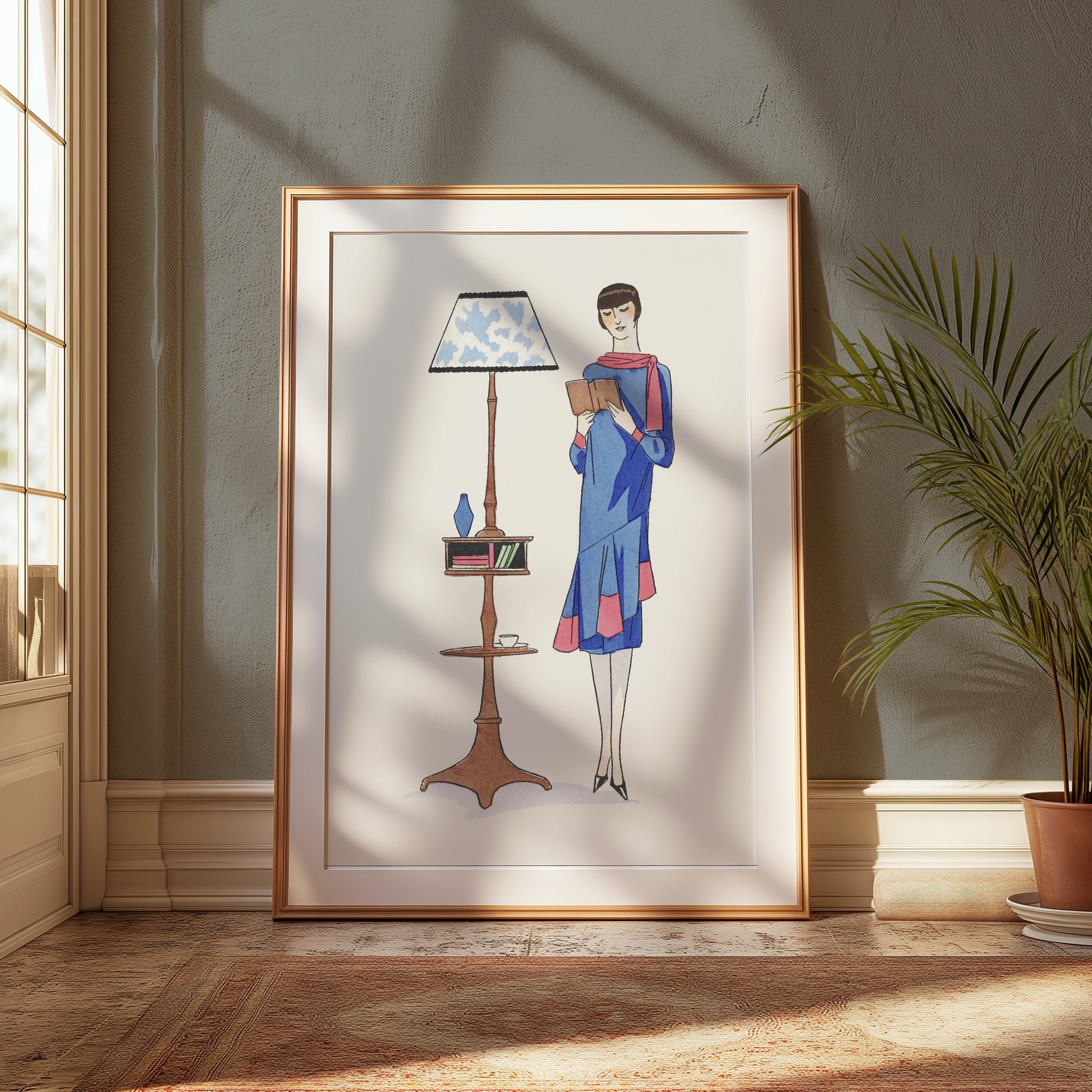 Premium Poster of Stylish Retro Woman Reading Next to a Lamp Posters
