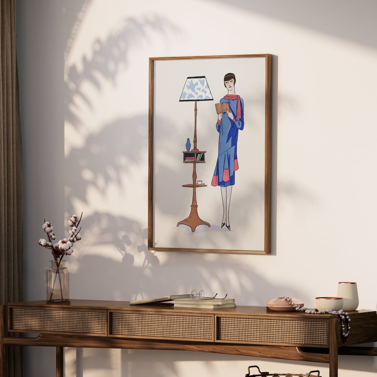 Premium Poster of Stylish Retro Woman Reading Next to a Lamp Posters