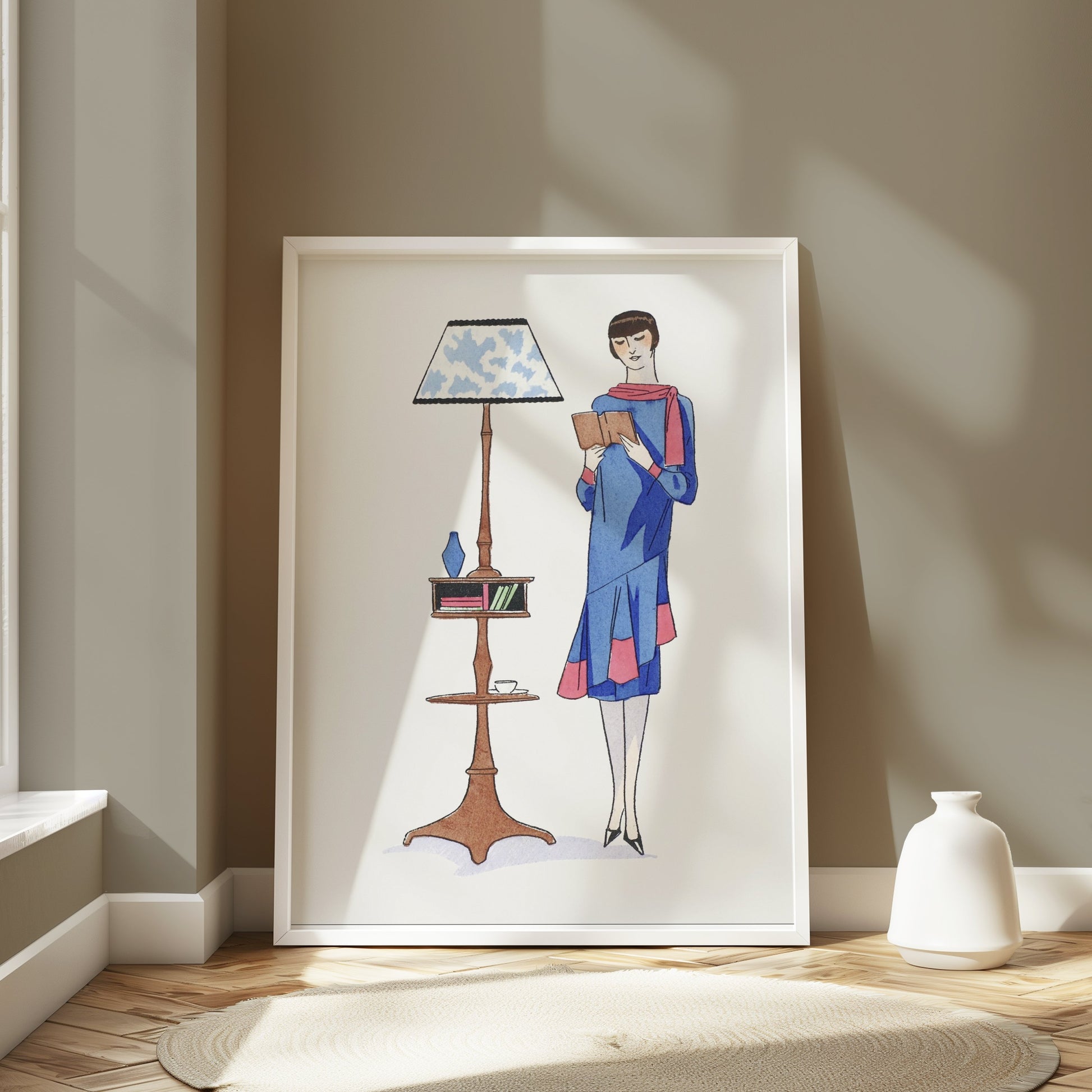 Premium Poster of Stylish Retro Woman Reading Next to a Lamp Posters