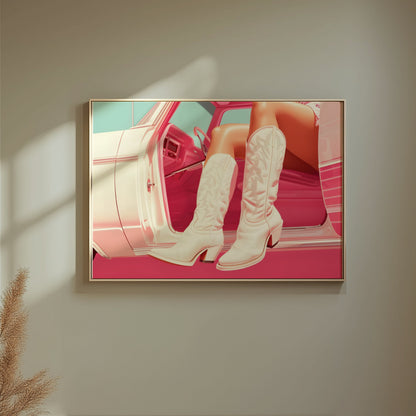 Premium Poster of Stylish White Cowboy Boots in Car Aesthetic Posters