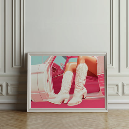 Premium Poster of Stylish White Cowboy Boots in Car Aesthetic Posters