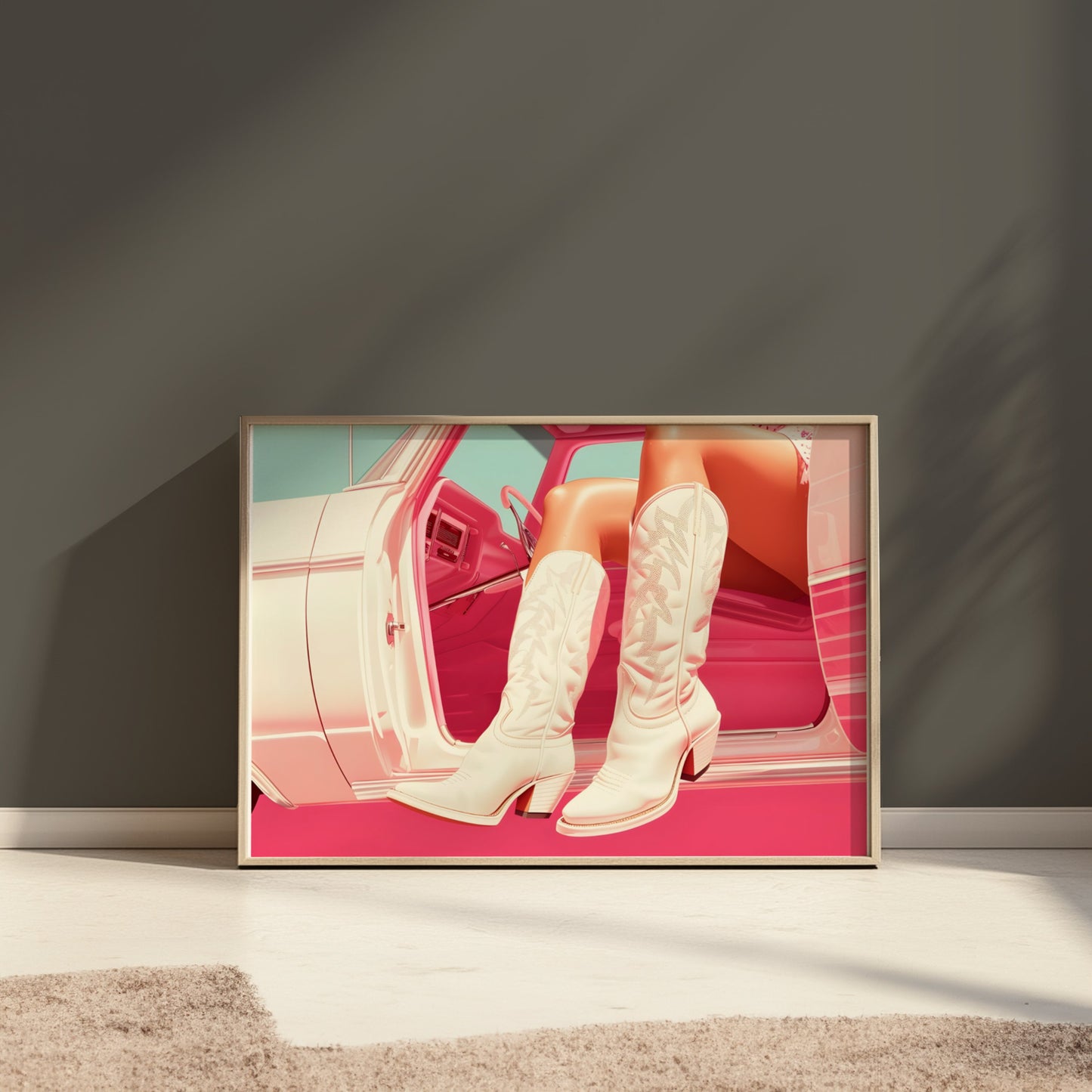 Premium Poster of Stylish White Cowboy Boots in Car Aesthetic Posters