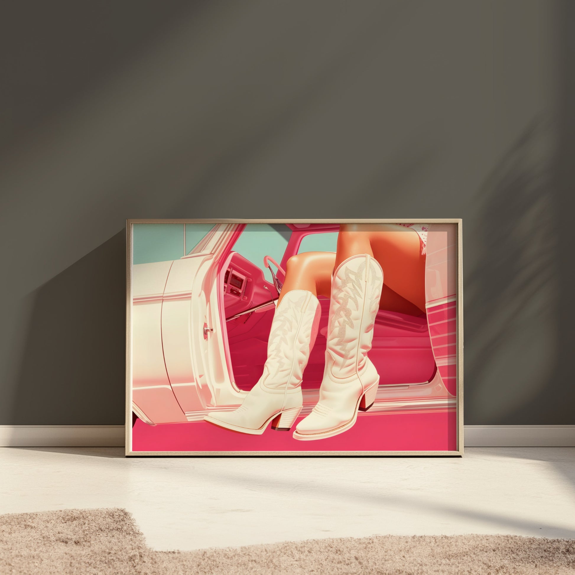 Premium Poster of Stylish White Cowboy Boots in Car Aesthetic Posters