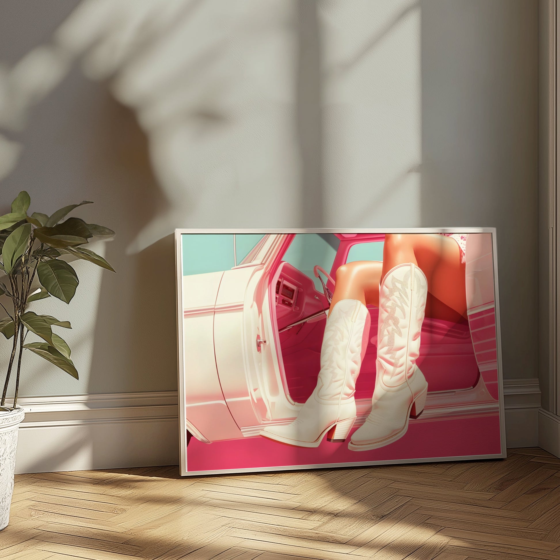 Premium Poster of Stylish White Cowboy Boots in Car Aesthetic Posters