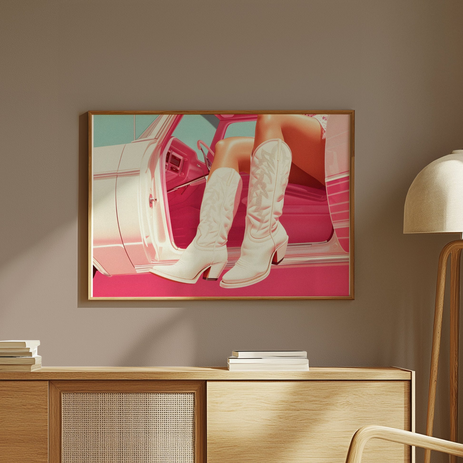Premium Poster of Stylish White Cowboy Boots in Car Aesthetic Posters