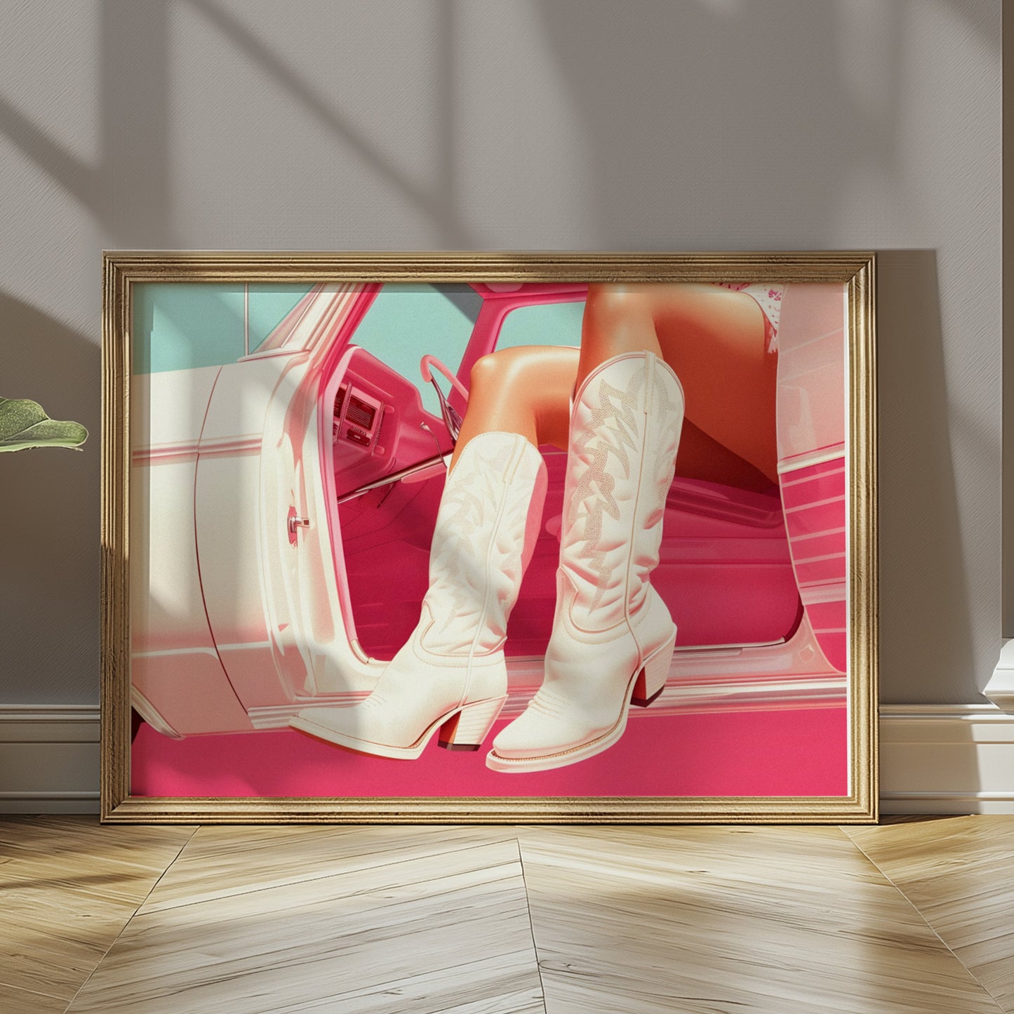 Premium Poster of Stylish White Cowboy Boots in Car Aesthetic Posters