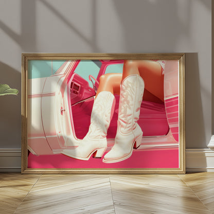 Premium Poster of Stylish White Cowboy Boots in Car Aesthetic Posters