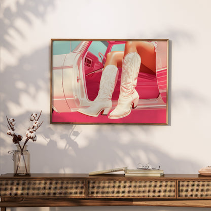 Premium Poster of Stylish White Cowboy Boots in Car Aesthetic Posters