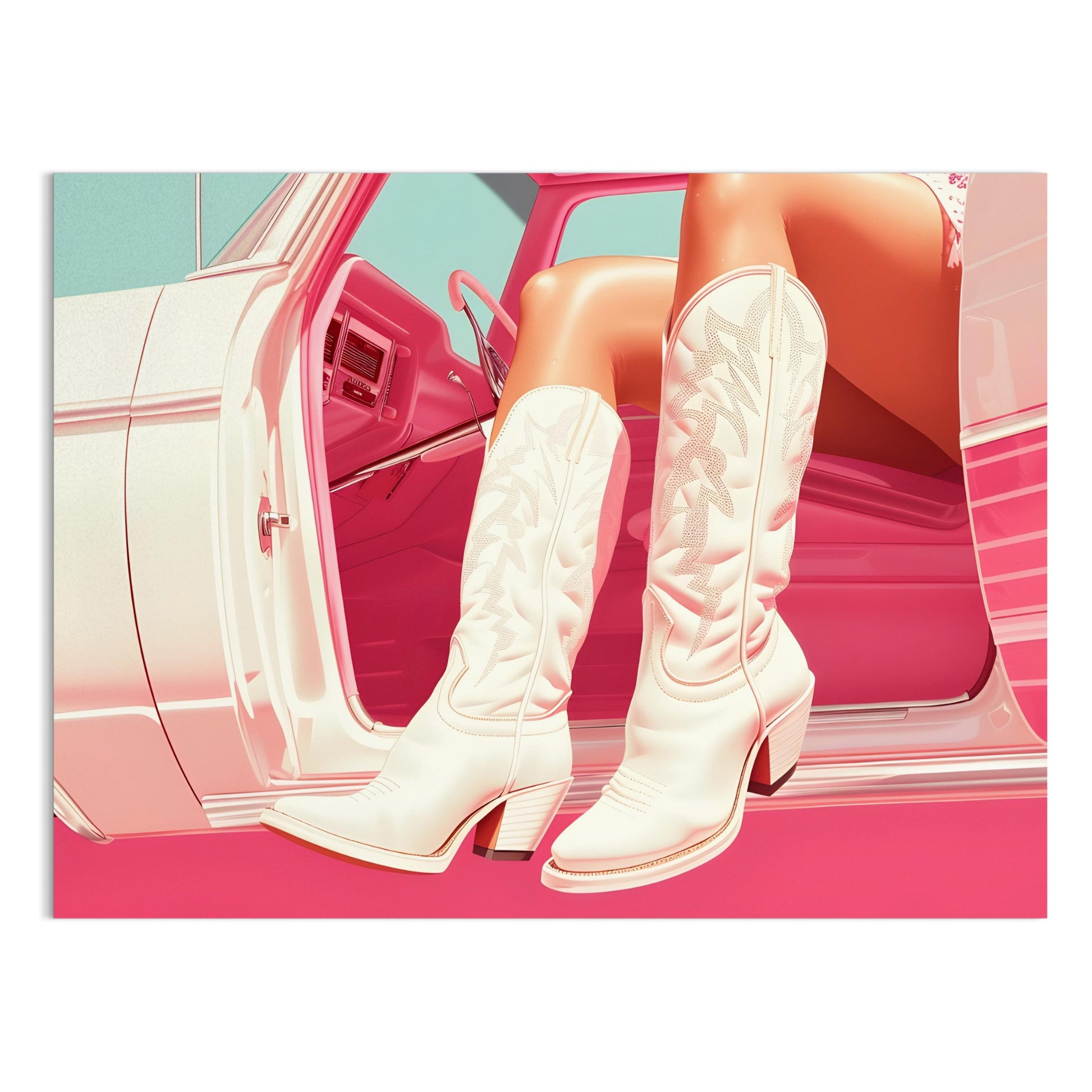 Premium Poster of Stylish White Cowboy Boots in Car Aesthetic Posters