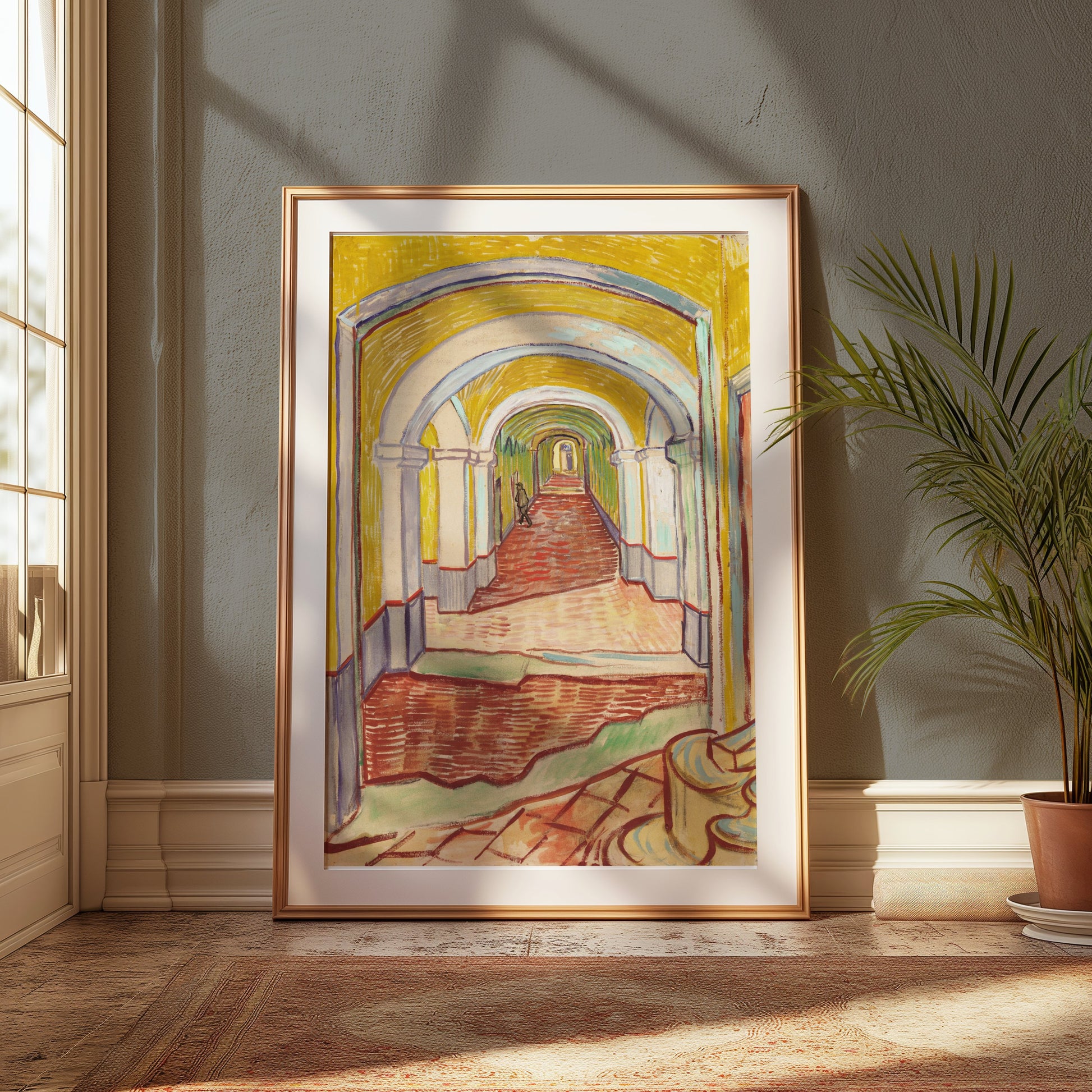 Premium Poster of Sunlit Hallway with Arched Ceilings Art Posters