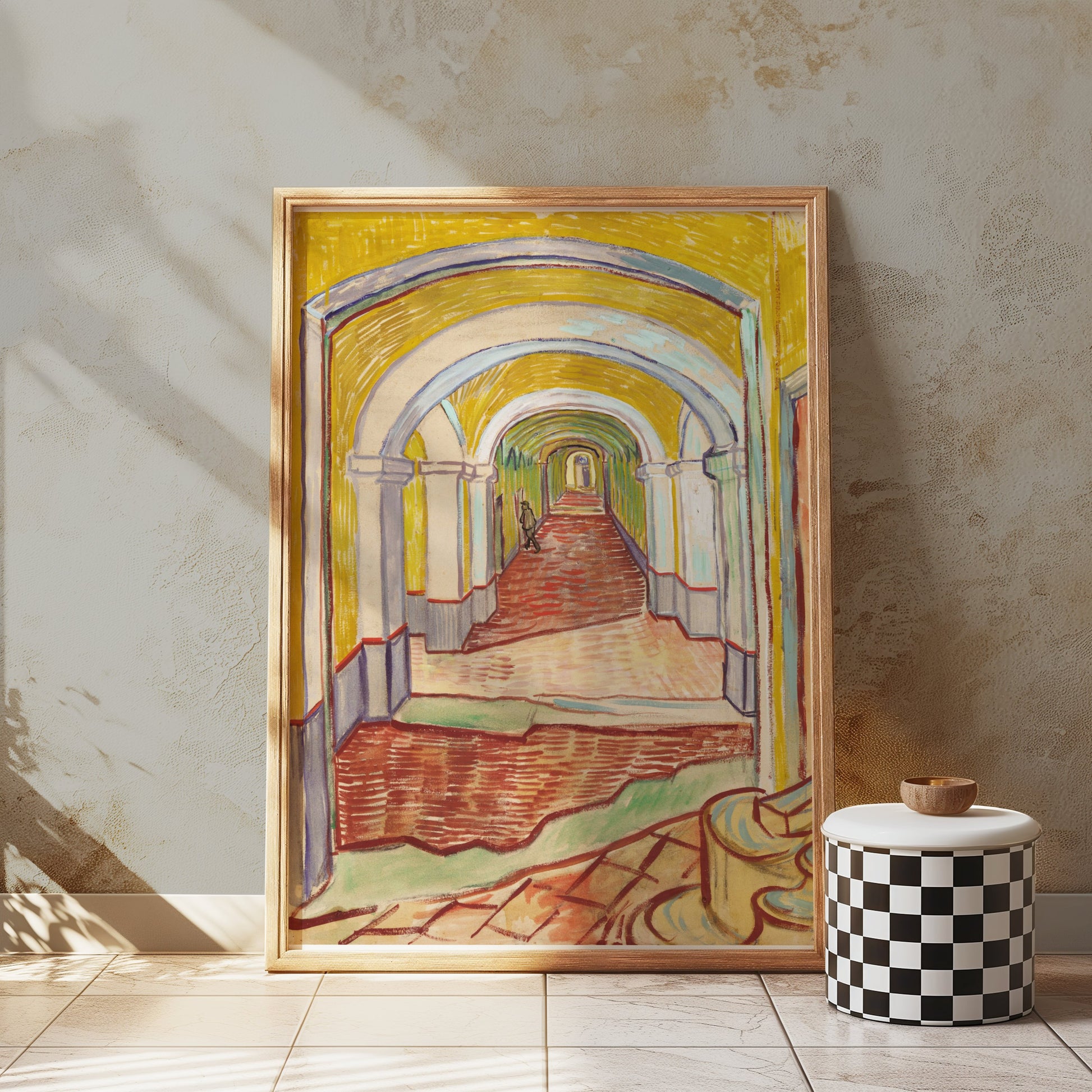 Premium Poster of Sunlit Hallway with Arched Ceilings Art Posters