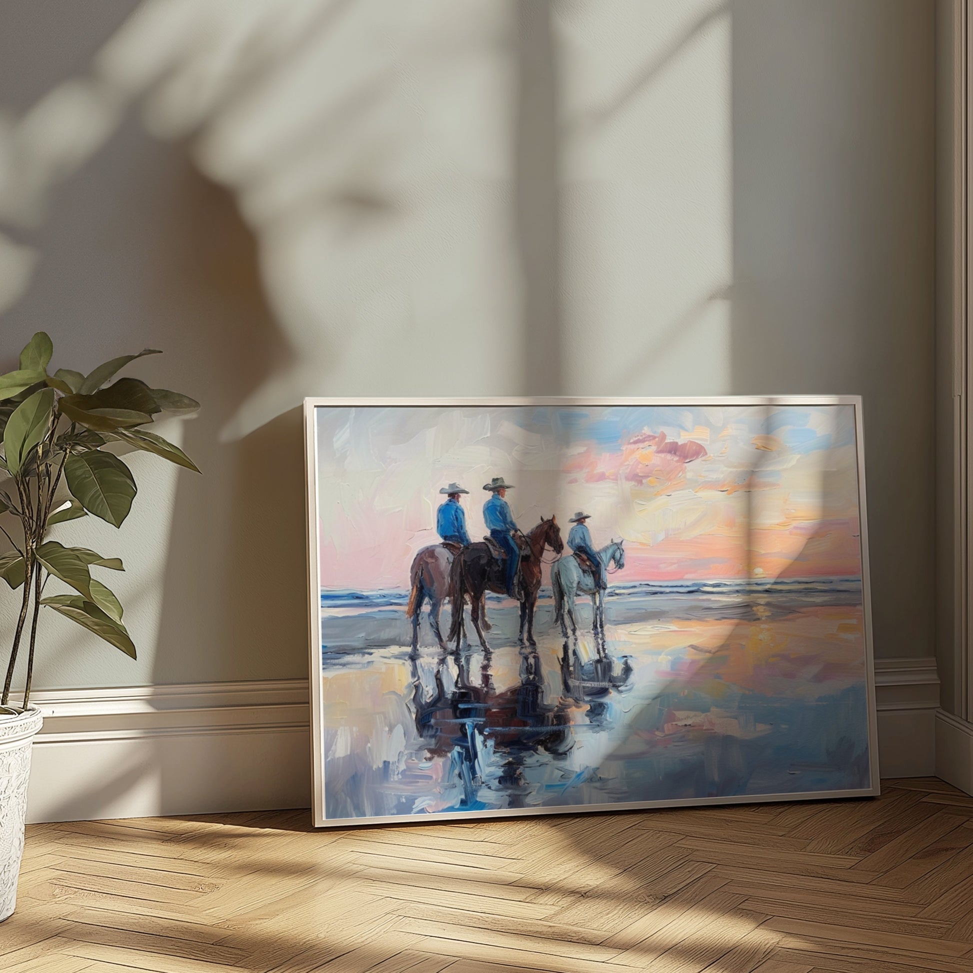 Premium Poster of Sunset Beach Cowboys Horseback Ride Posters