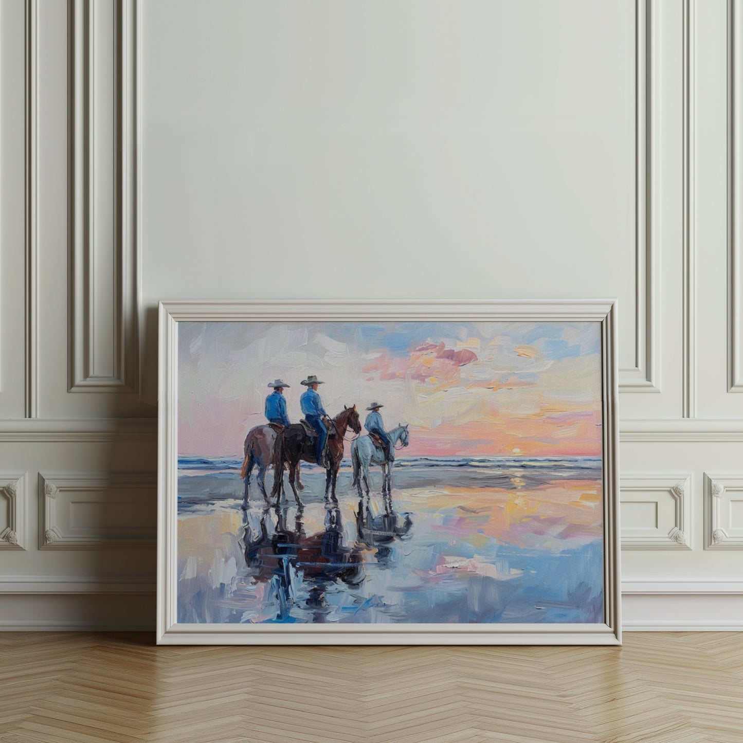 Premium Poster of Sunset Beach Cowboys Horseback Ride Posters