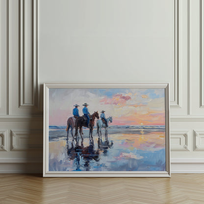 Premium Poster of Sunset Beach Cowboys Horseback Ride Posters