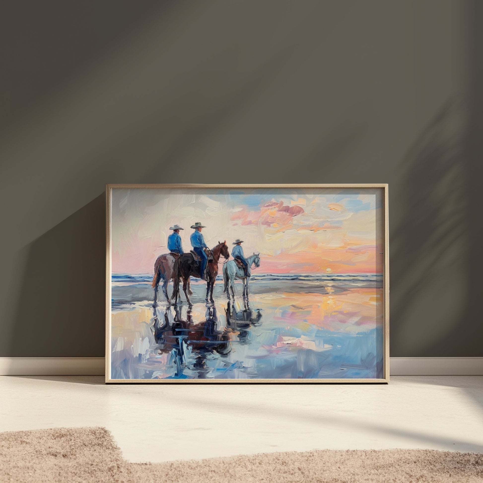 Premium Poster of Sunset Beach Cowboys Horseback Ride Posters