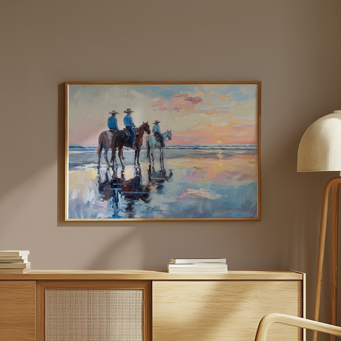 Premium Poster of Sunset Beach Cowboys Horseback Ride Posters