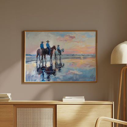 Premium Poster of Sunset Beach Cowboys Horseback Ride Posters