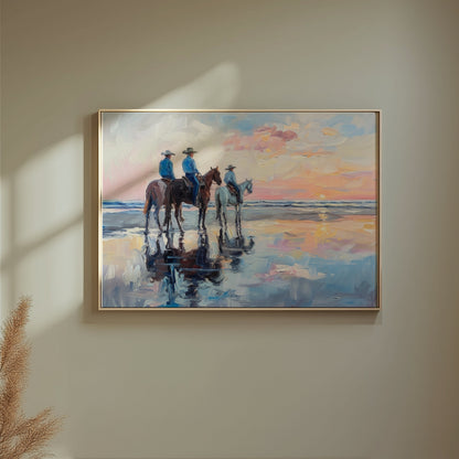 Premium Poster of Sunset Beach Cowboys Horseback Ride Posters