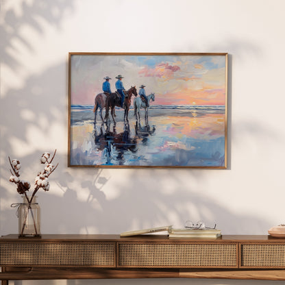 Premium Poster of Sunset Beach Cowboys Horseback Ride Posters