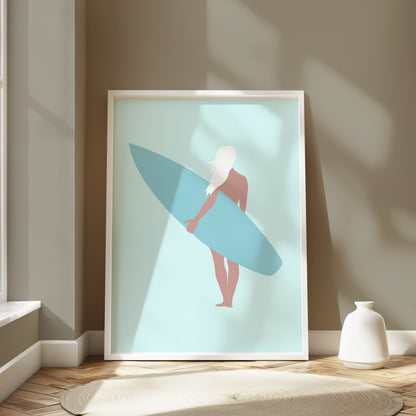Premium Poster of Surfer Girl Holding a Surfboard Posters