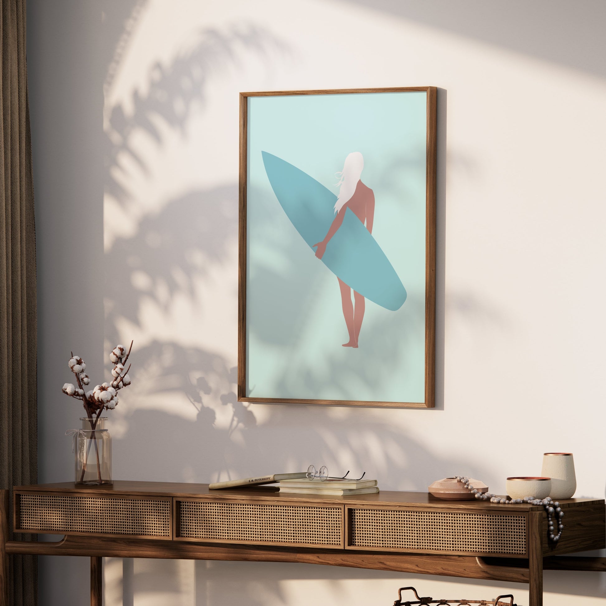 Premium Poster of Surfer Girl Holding a Surfboard Posters