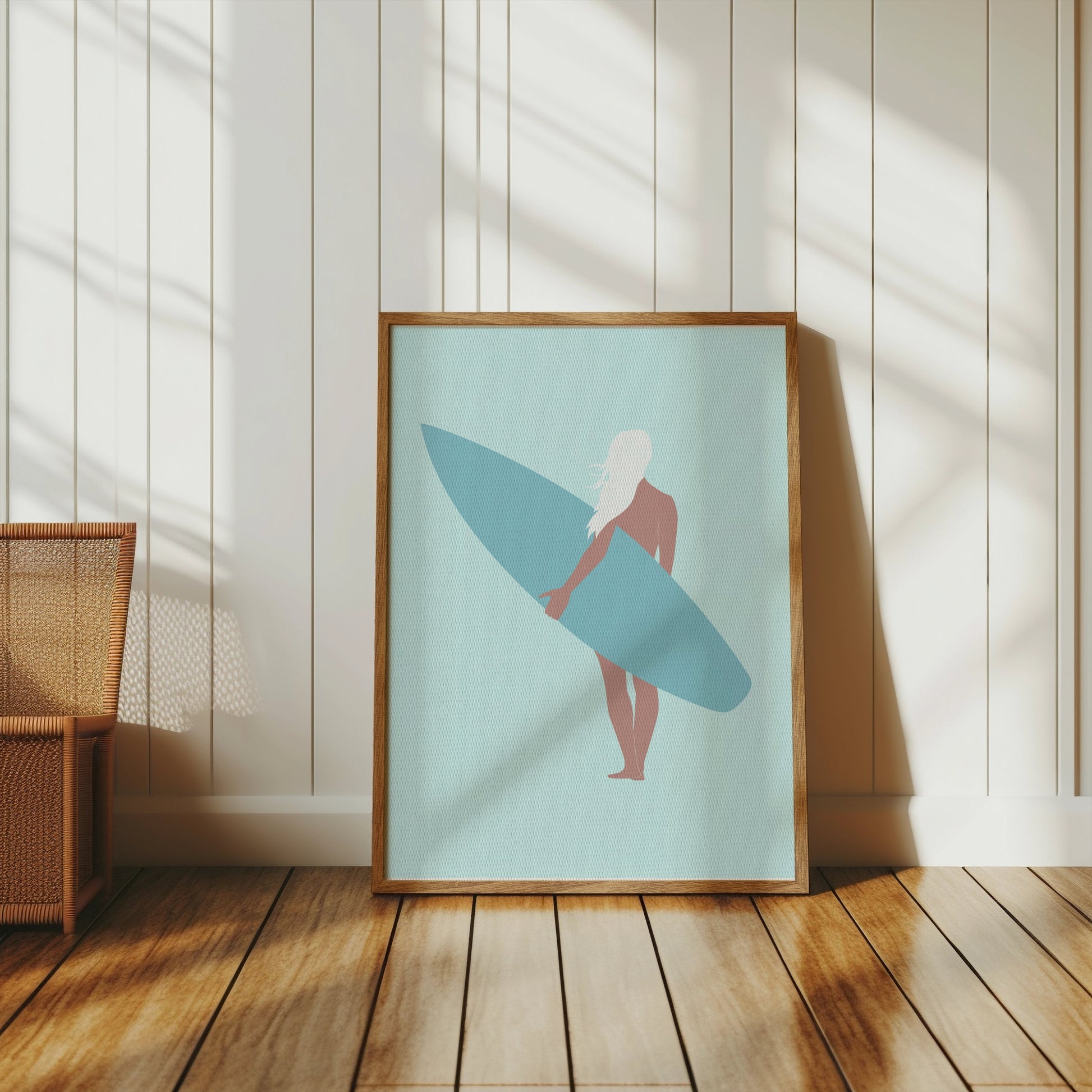 Premium Poster of Surfer Girl Holding a Surfboard Posters
