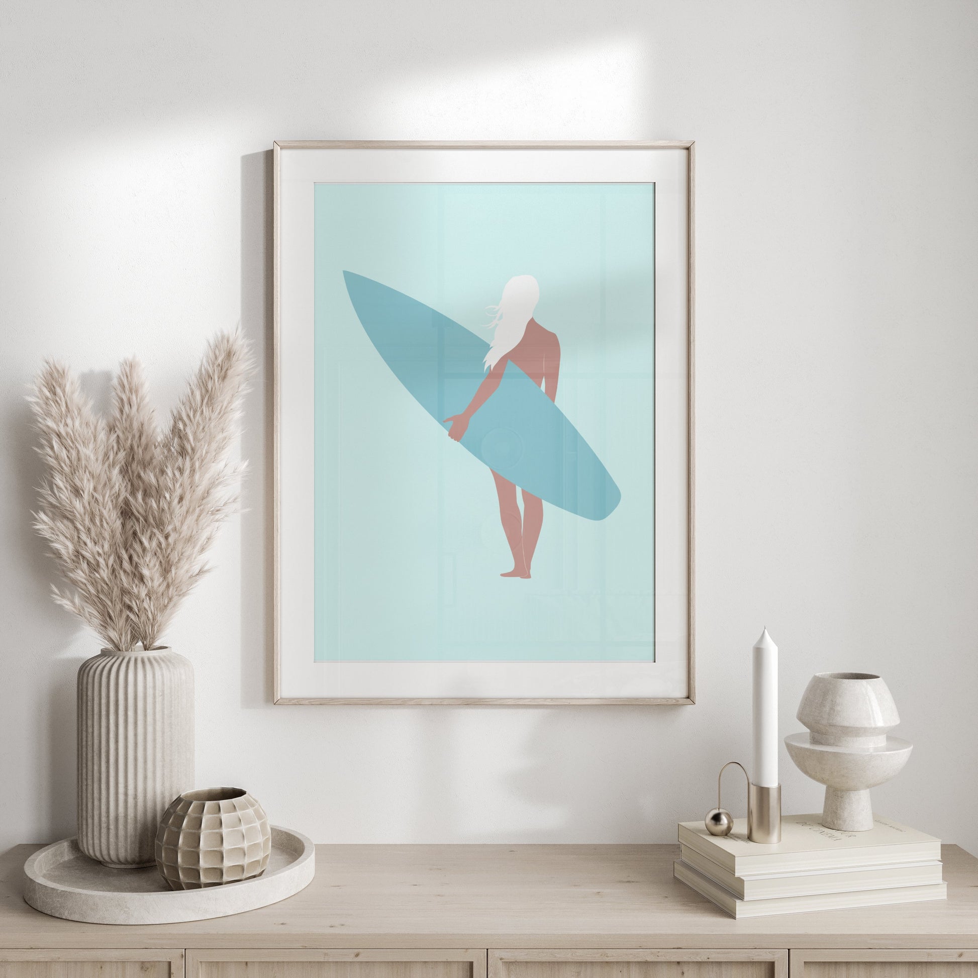 Premium Poster of Surfer Girl Holding a Surfboard Posters