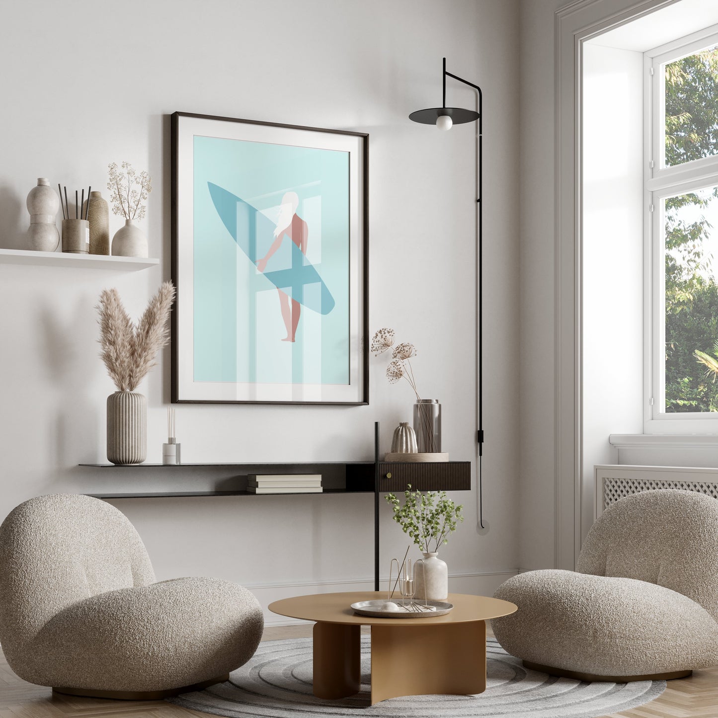 Premium Poster of Surfer Girl Holding a Surfboard Posters