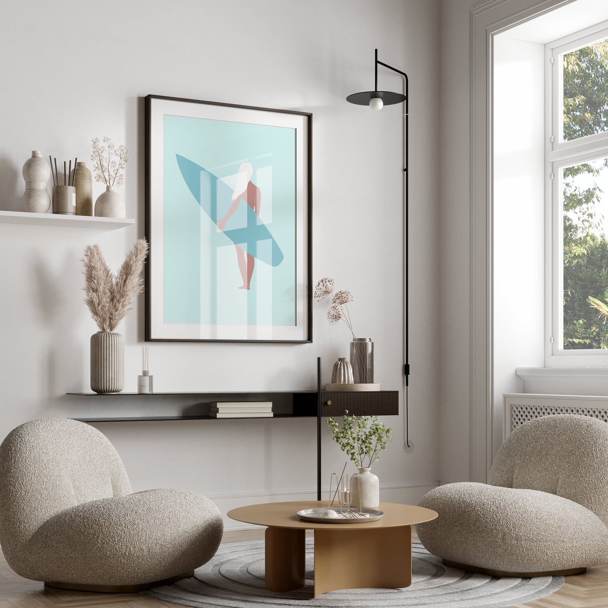 Premium Poster of Surfer Girl Holding a Surfboard Posters