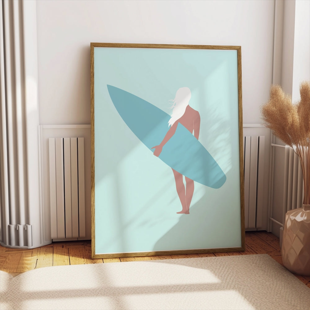Premium Poster of Surfer Girl Holding a Surfboard Posters