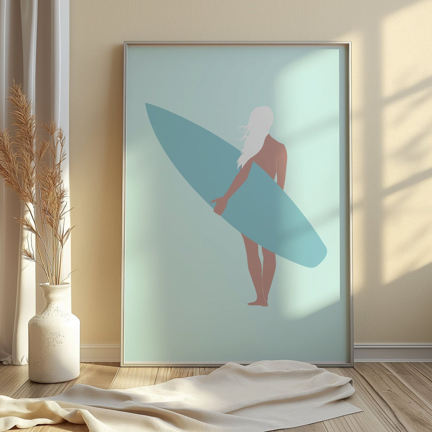 Premium Poster of Surfer Girl Holding a Surfboard Posters
