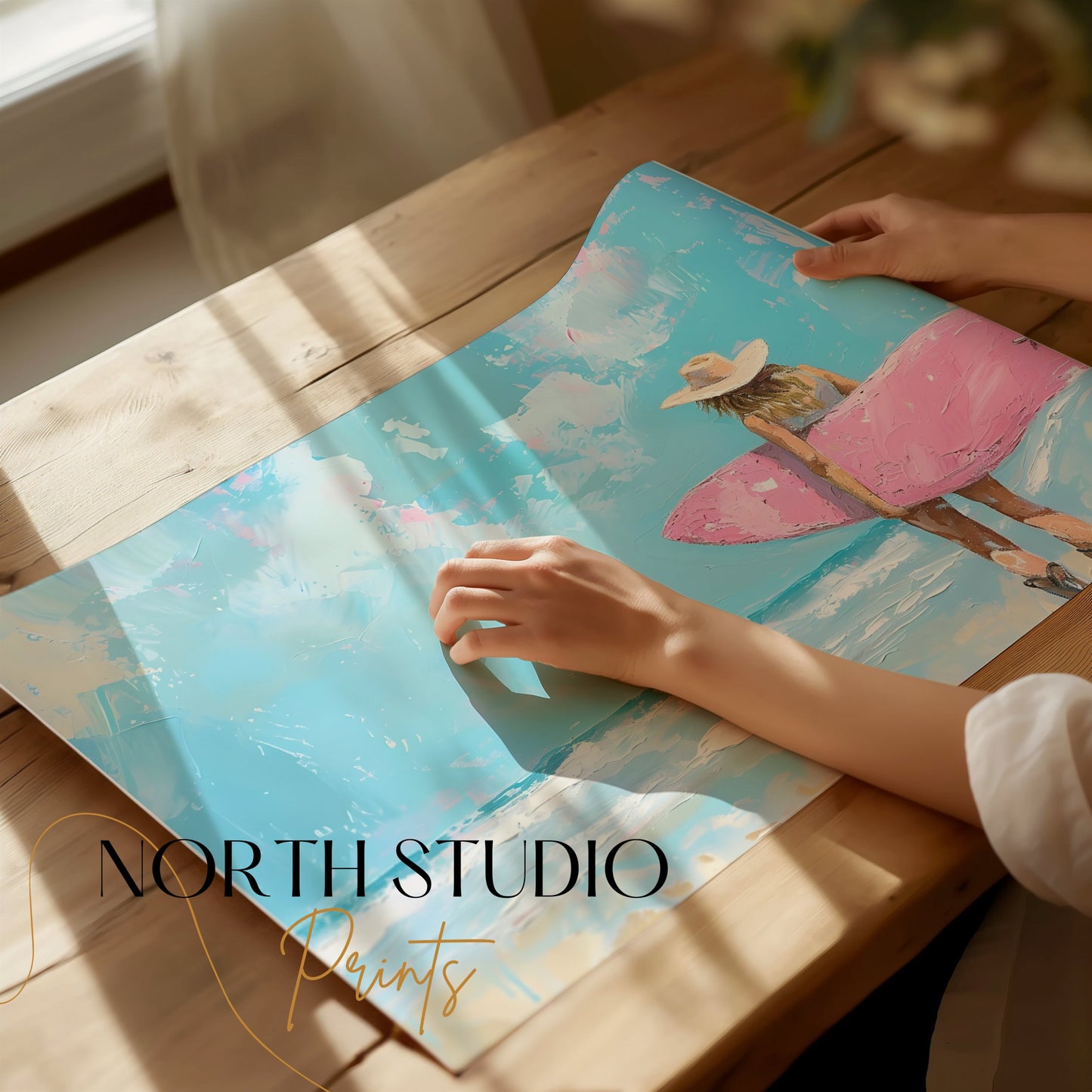 Premium Poster of Surfer Girl with Pink Surfboard Beach Art Posters