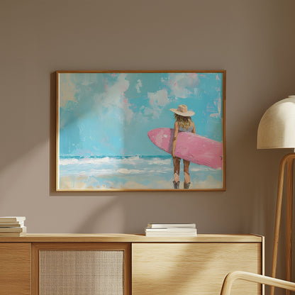 Premium Poster of Surfer Girl with Pink Surfboard Beach Art Posters