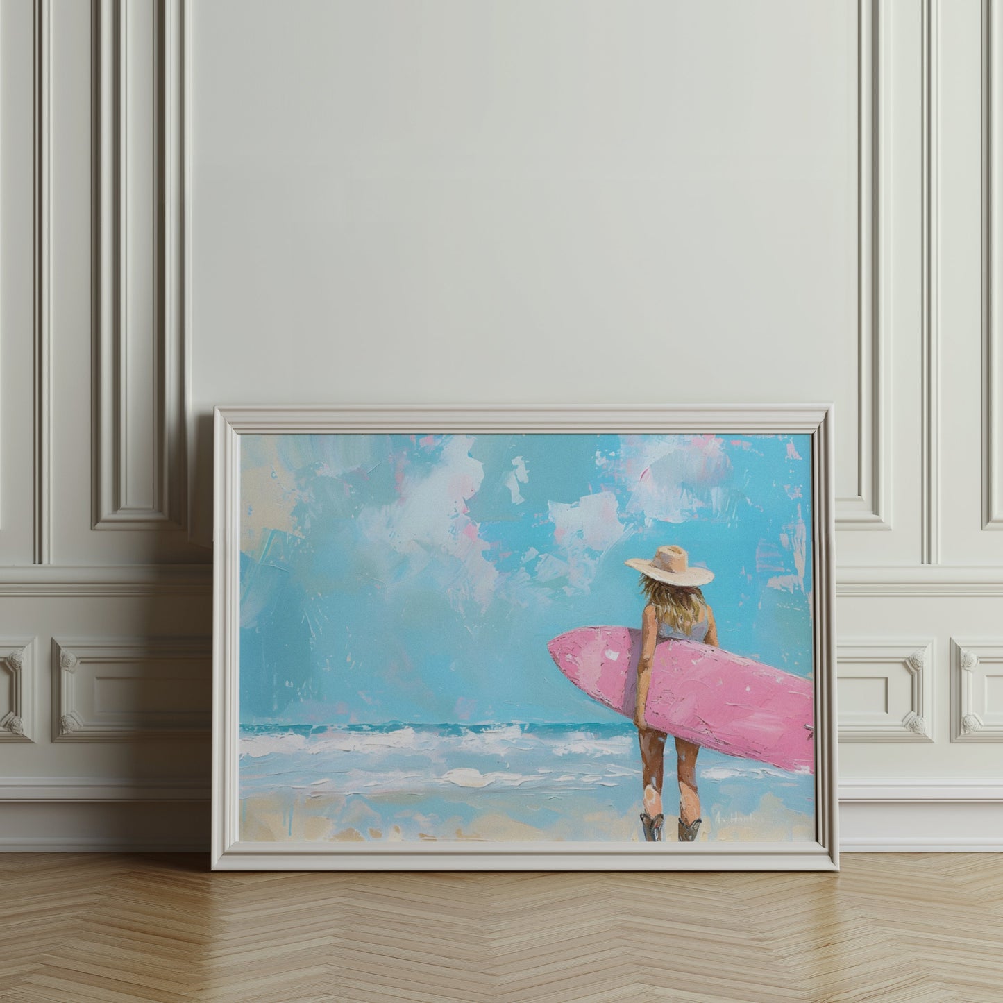 Premium Poster of Surfer Girl with Pink Surfboard Beach Art Posters