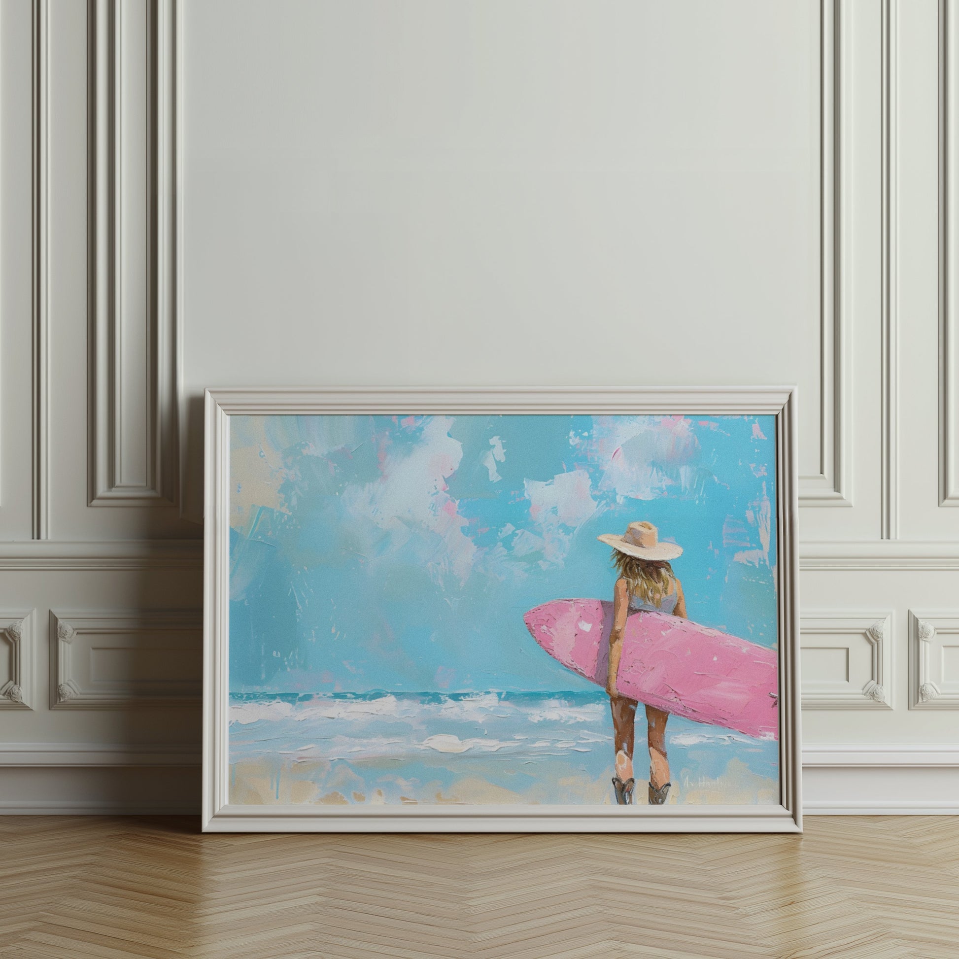 Premium Poster of Surfer Girl with Pink Surfboard Beach Art Posters