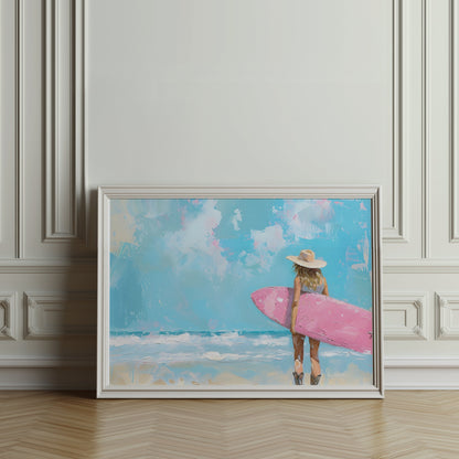 Premium Poster of Surfer Girl with Pink Surfboard Beach Art Posters